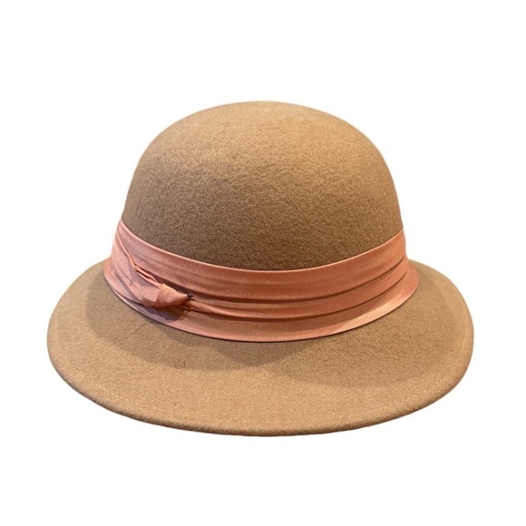 Accessories - Vintage Asymmetrical Round Crown Wool Hat with Ribbon Tan